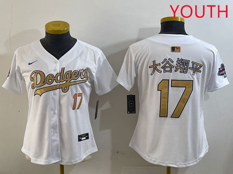 Youth Los Angeles Dodgers 17 Ohtani White Champion gold character 2025 Nike MLB Jersey style 6
